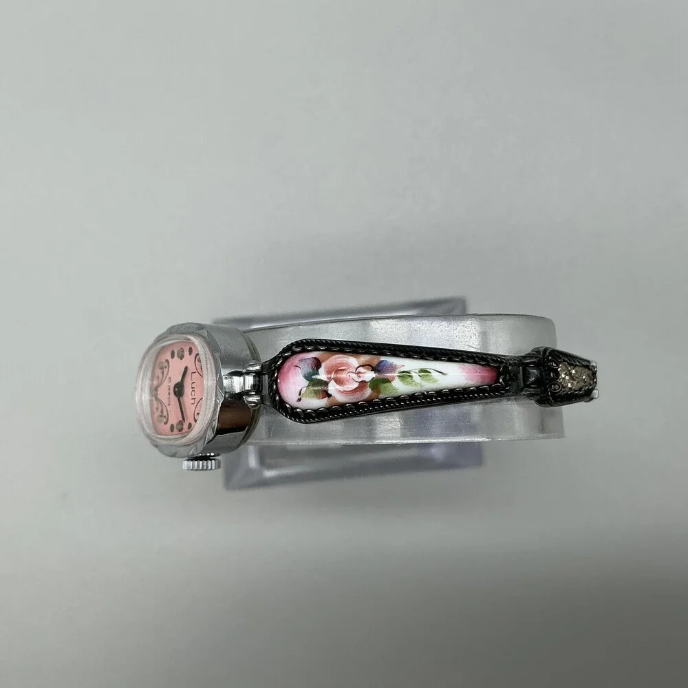 Vintage Luch Womens Watch 17mm Pink Dial Floral Enamel 15 Jewels Manual 6.75